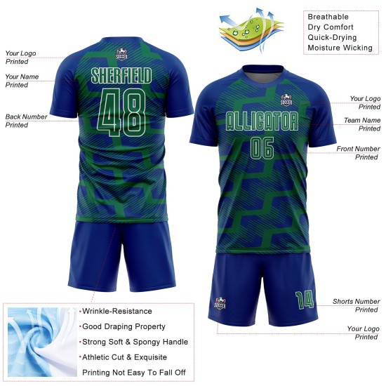 Custom Royal Kelly Green-White Line Sublimation Soccer Uniform Jersey Custom Royal Kelly Green-White Line Sublimation Soccer Uniform Jersey