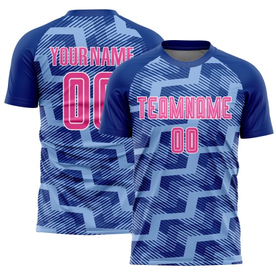 Custom Royal Pink-Light Blue Line Sublimation Soccer Uniform Jersey Custom Royal Pink-Light Blue Line Sublimation Soccer Uniform Jersey