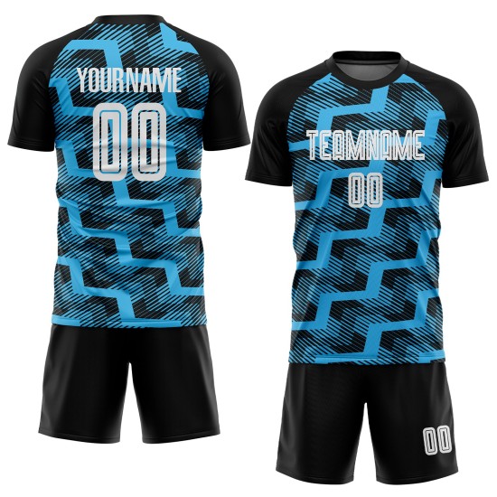 Custom Black White-Sky Blue Line Sublimation Soccer Uniform Jersey Custom Black White-Sky Blue Line Sublimation Soccer Uniform Jersey