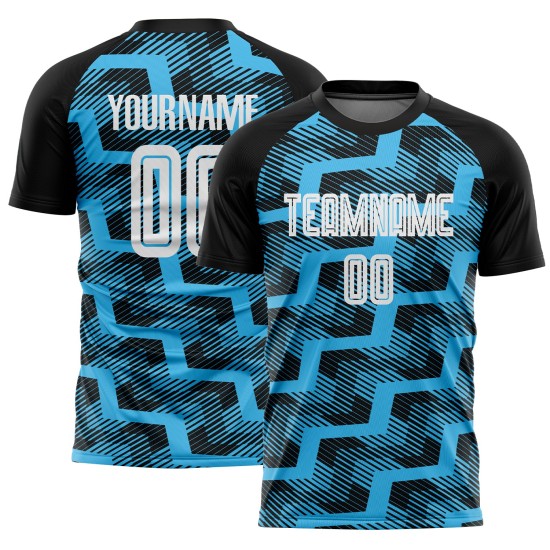 Custom Black White-Sky Blue Line Sublimation Soccer Uniform Jersey Custom Black White-Sky Blue Line Sublimation Soccer Uniform Jersey