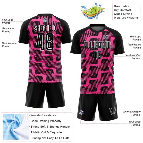 Custom Black Pink-White Line Sublimation Soccer Uniform Jersey Custom Black Pink-White Line Sublimation Soccer Uniform Jersey