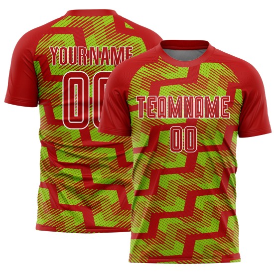 Custom Red Neon Green-White Line Sublimation Soccer Uniform Jersey Custom Red Neon Green-White Line Sublimation Soccer Uniform Jersey