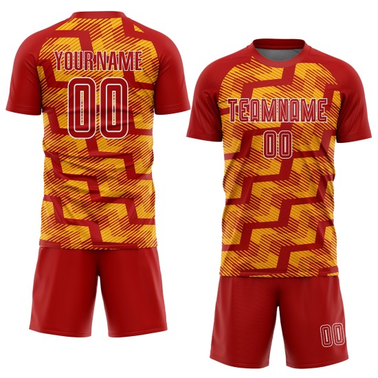 Custom Red Gold-White Line Sublimation Soccer Uniform Jersey Custom Red Gold-White Line Sublimation Soccer Uniform Jersey