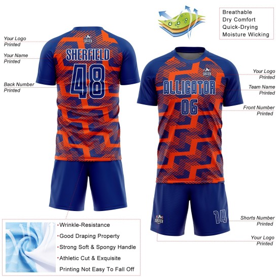 Custom Royal Orange-White Line Sublimation Soccer Uniform Jersey Custom Royal Orange-White Line Sublimation Soccer Uniform Jersey