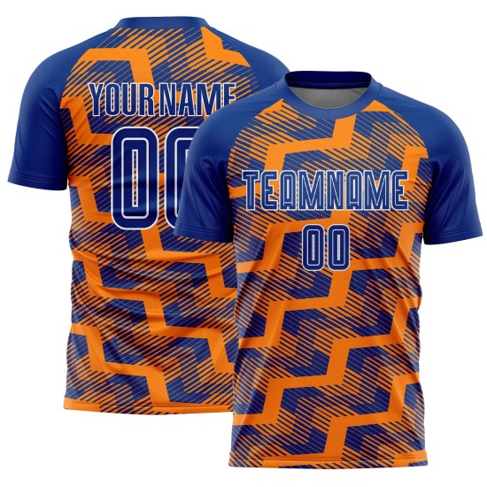 Custom Royal Bay Orange-White Line Sublimation Soccer Uniform Jersey Custom Royal Bay Orange-White Line Sublimation Soccer Uniform Jersey