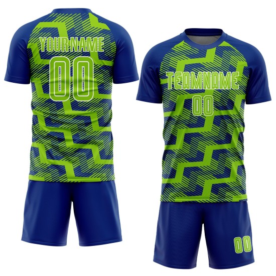 Custom Royal Neon Green-White Line Sublimation Soccer Uniform Jersey Custom Royal Neon Green-White Line Sublimation Soccer Uniform Jersey