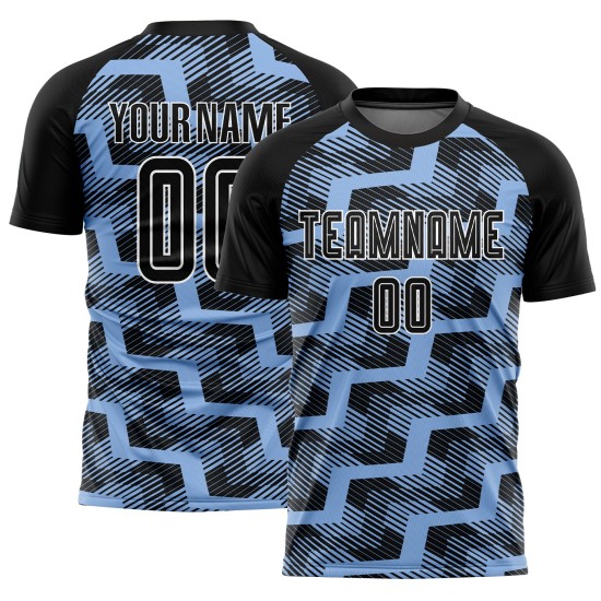 Custom Black Light Blue-White Line Sublimation Soccer Uniform Jersey Custom Black Light Blue-White Line Sublimation Soccer Uniform Jersey