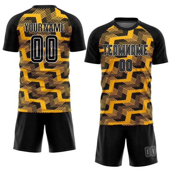 Custom Black Gold-White Line Sublimation Soccer Uniform Jersey Custom Black Gold-White Line Sublimation Soccer Uniform Jersey