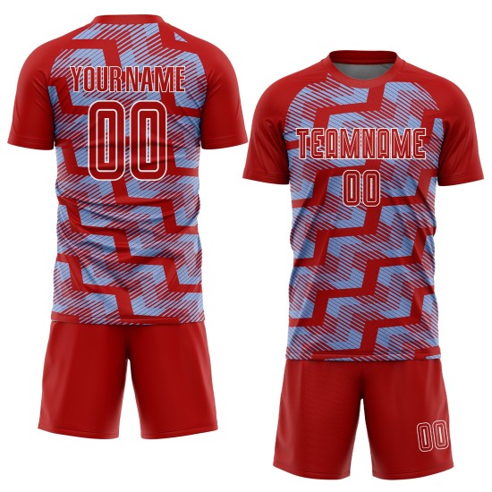 Custom Red Light Blue-White Line Sublimation Soccer Uniform Jersey Custom Red Light Blue-White Line Sublimation Soccer Uniform Jersey