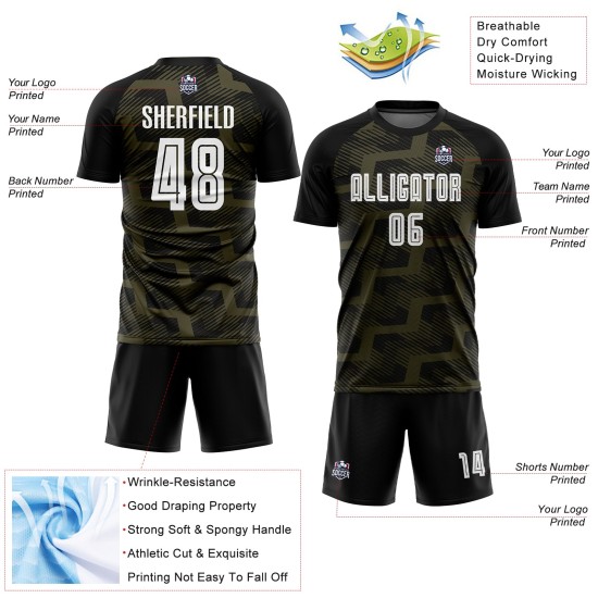 Custom Black White-Olive Line Sublimation Soccer Uniform Jersey Custom Black White-Olive Line Sublimation Soccer Uniform Jersey