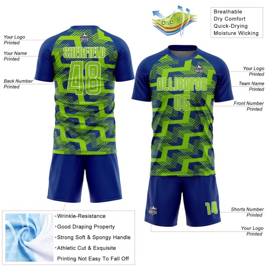Custom Royal Neon Green-White Line Sublimation Soccer Uniform Jersey Custom Royal Neon Green-White Line Sublimation Soccer Uniform Jersey
