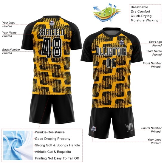 Custom Black Gold-White Line Sublimation Soccer Uniform Jersey Custom Black Gold-White Line Sublimation Soccer Uniform Jersey
