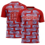 Custom Red Light Blue-White Line Sublimation Soccer Uniform Jersey Custom Red Light Blue-White Line Sublimation Soccer Uniform Jersey