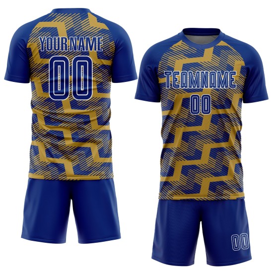 Custom Royal Old Gold-White Line Sublimation Soccer Uniform Jersey Custom Royal Old Gold-White Line Sublimation Soccer Uniform Jersey