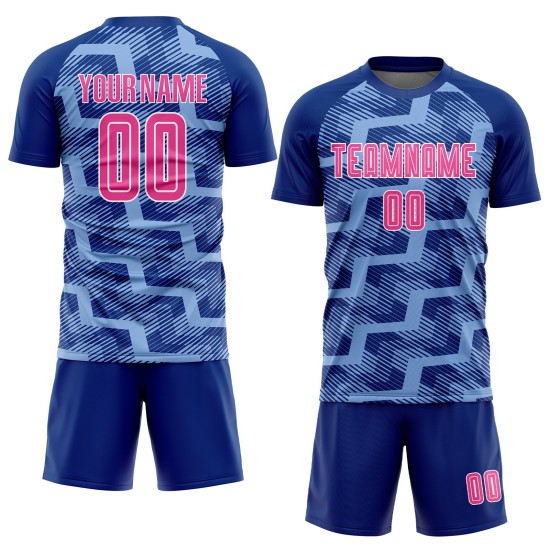 Custom Royal Pink-Light Blue Line Sublimation Soccer Uniform Jersey Custom Royal Pink-Light Blue Line Sublimation Soccer Uniform Jersey