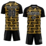 Custom Black Old Gold-White Line Sublimation Soccer Uniform Jersey Custom Black Old Gold-White Line Sublimation Soccer Uniform Jersey