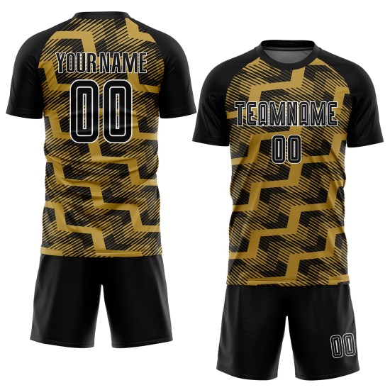 Custom Black Old Gold-White Line Sublimation Soccer Uniform Jersey Custom Black Old Gold-White Line Sublimation Soccer Uniform Jersey