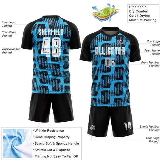 Custom Black White-Sky Blue Line Sublimation Soccer Uniform Jersey Custom Black White-Sky Blue Line Sublimation Soccer Uniform Jersey