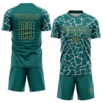 Custom Teal Gray-Old Gold Abstract Network Splash Sublimation Soccer Uniform Jersey Custom Teal Gray-Old Gold Abstract Network Splash Sublimation Soccer Uniform Jersey