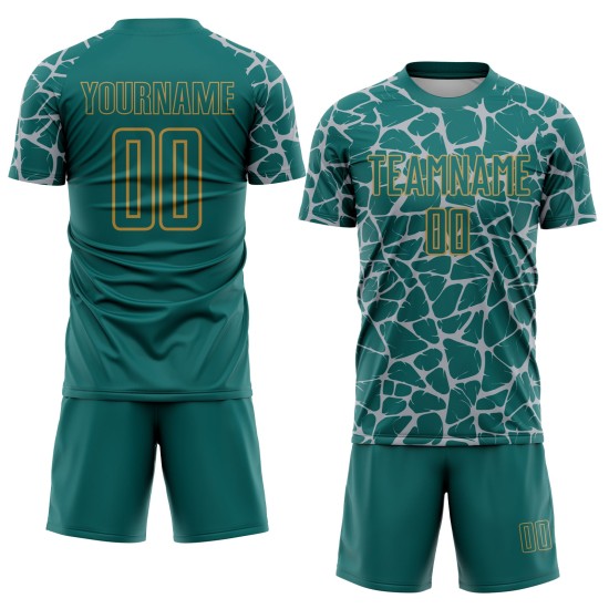 Custom Teal Gray-Old Gold Abstract Network Splash Sublimation Soccer Uniform Jersey Custom Teal Gray-Old Gold Abstract Network Splash Sublimation Soccer Uniform Jersey