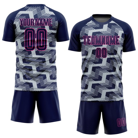 Custom Navy Silver-Pink Line Sublimation Soccer Uniform Jersey Custom Navy Silver-Pink Line Sublimation Soccer Uniform Jersey