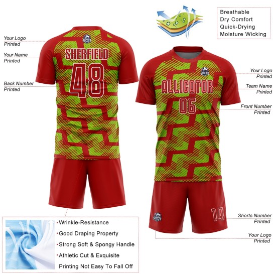Custom Red Neon Green-White Line Sublimation Soccer Uniform Jersey Custom Red Neon Green-White Line Sublimation Soccer Uniform Jersey