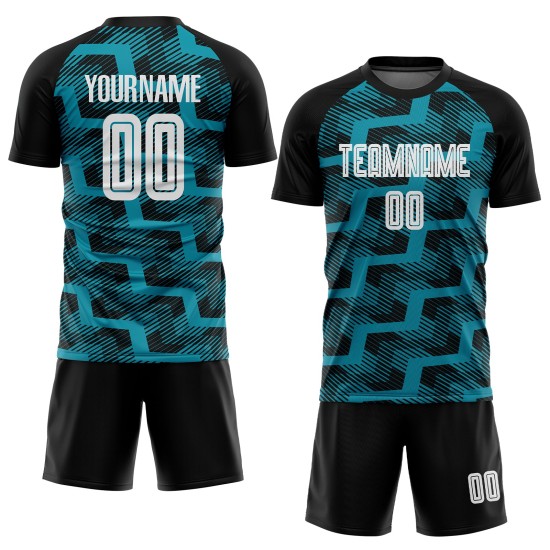 Custom Black White-Teal Line Sublimation Soccer Uniform Jersey Custom Black White-Teal Line Sublimation Soccer Uniform Jersey