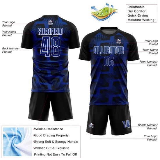 Custom Black Royal-White Line Sublimation Soccer Uniform Jersey Custom Black Royal-White Line Sublimation Soccer Uniform Jersey