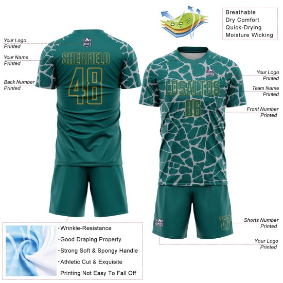 Custom Teal Gray-Old Gold Abstract Network Splash Sublimation Soccer Uniform Jersey Custom Teal Gray-Old Gold Abstract Network Splash Sublimation Soccer Uniform Jersey
