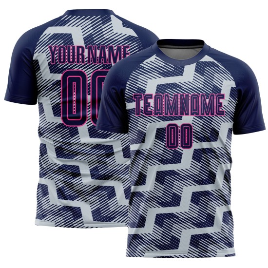 Custom Navy Silver-Pink Line Sublimation Soccer Uniform Jersey Custom Navy Silver-Pink Line Sublimation Soccer Uniform Jersey