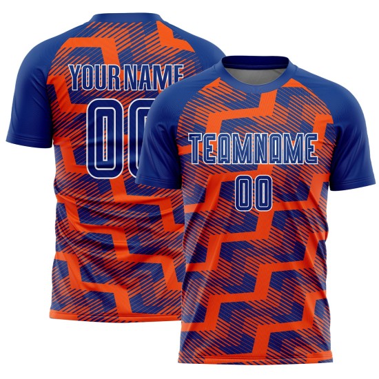 Custom Royal Orange-White Line Sublimation Soccer Uniform Jersey Custom Royal Orange-White Line Sublimation Soccer Uniform Jersey