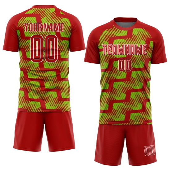 Custom Red Neon Green-White Line Sublimation Soccer Uniform Jersey Custom Red Neon Green-White Line Sublimation Soccer Uniform Jersey