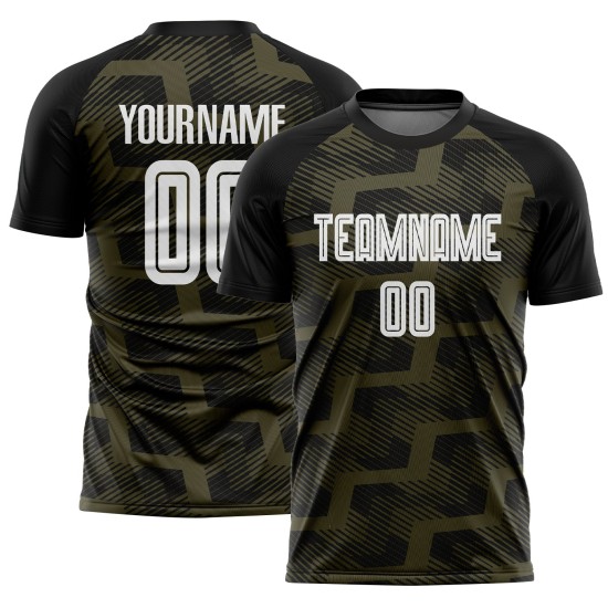 Custom Black White-Olive Line Sublimation Soccer Uniform Jersey Custom Black White-Olive Line Sublimation Soccer Uniform Jersey