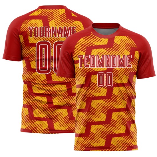 Custom Red Gold-White Line Sublimation Soccer Uniform Jersey Custom Red Gold-White Line Sublimation Soccer Uniform Jersey