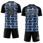 Custom Black Light Blue-White Line Sublimation Soccer Uniform Jersey Custom Black Light Blue-White Line Sublimation Soccer Uniform Jersey