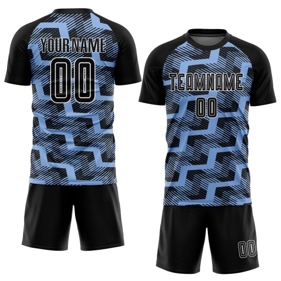 Custom Black Light Blue-White Line Sublimation Soccer Uniform Jersey Custom Black Light Blue-White Line Sublimation Soccer Uniform Jersey