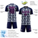 Custom Navy Silver-Pink Line Sublimation Soccer Uniform Jersey Custom Navy Silver-Pink Line Sublimation Soccer Uniform Jersey