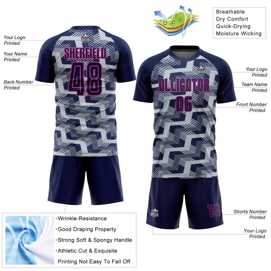 Custom Navy Silver-Pink Line Sublimation Soccer Uniform Jersey Custom Navy Silver-Pink Line Sublimation Soccer Uniform Jersey