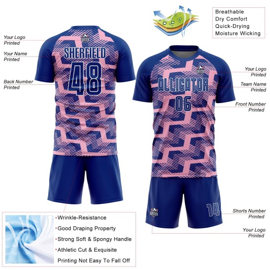 Custom Royal Light Pink-White Line Sublimation Soccer Uniform Jersey Custom Royal Light Pink-White Line Sublimation Soccer Uniform Jersey