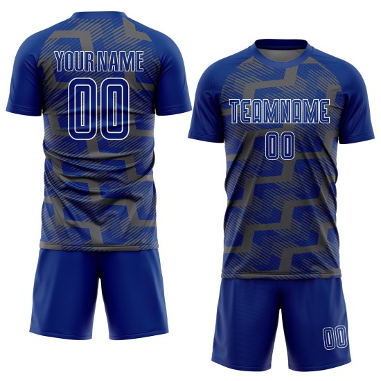 Custom Royal Steel Gray-White Line Sublimation Soccer Uniform Jersey Custom Royal Steel Gray-White Line Sublimation Soccer Uniform Jersey