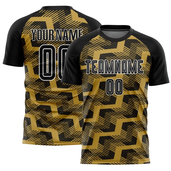 Custom Black Old Gold-White Line Sublimation Soccer Uniform Jersey Custom Black Old Gold-White Line Sublimation Soccer Uniform Jersey