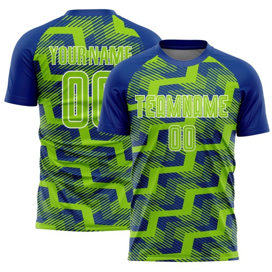 Custom Royal Neon Green-White Line Sublimation Soccer Uniform Jersey Custom Royal Neon Green-White Line Sublimation Soccer Uniform Jersey