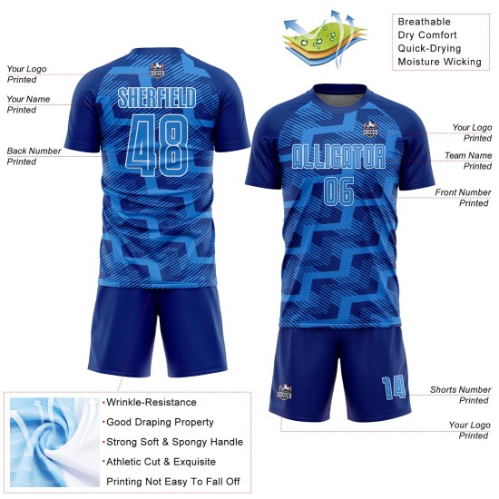 Custom Royal Powder Blue-White Line Sublimation Soccer Uniform Jersey Custom Royal Powder Blue-White Line Sublimation Soccer Uniform Jersey