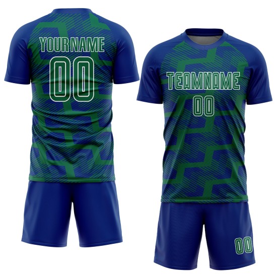 Custom Royal Kelly Green-White Line Sublimation Soccer Uniform Jersey Custom Royal Kelly Green-White Line Sublimation Soccer Uniform Jersey
