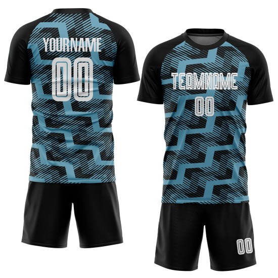 Custom Black White-Shadow Blue Line Sublimation Soccer Uniform Jersey Custom Black White-Shadow Blue Line Sublimation Soccer Uniform Jersey