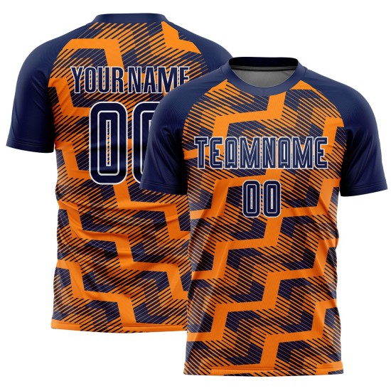 Custom Navy Bay Orange-White Line Sublimation Soccer Uniform Jersey Custom Navy Bay Orange-White Line Sublimation Soccer Uniform Jersey