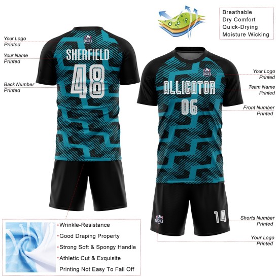 Custom Black White-Teal Line Sublimation Soccer Uniform Jersey Custom Black White-Teal Line Sublimation Soccer Uniform Jersey
