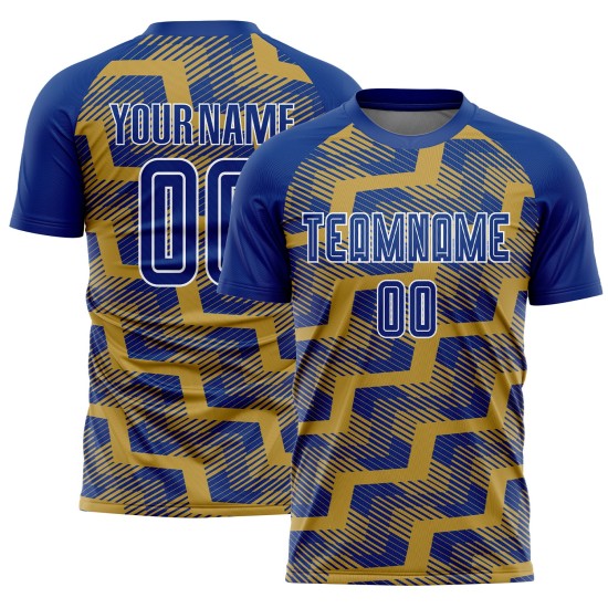 Custom Royal Old Gold-White Line Sublimation Soccer Uniform Jersey Custom Royal Old Gold-White Line Sublimation Soccer Uniform Jersey