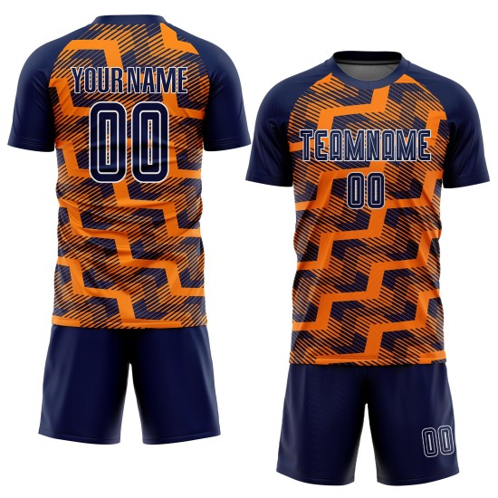 Custom Navy Bay Orange-White Line Sublimation Soccer Uniform Jersey Custom Navy Bay Orange-White Line Sublimation Soccer Uniform Jersey