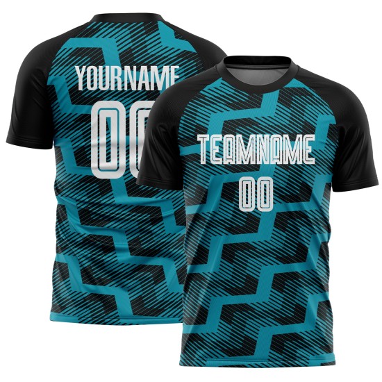 Custom Black White-Teal Line Sublimation Soccer Uniform Jersey Custom Black White-Teal Line Sublimation Soccer Uniform Jersey